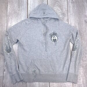 Harley Davidson Hoodie Womens Medium Gray Lake Placid NY 1/4 Zip Graphic Fleece
